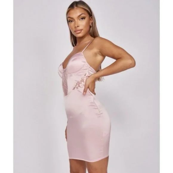 Pink Satin Silk Lace Sleeveless Bustier Bodycon Mini Dress - Picture 5 of 17